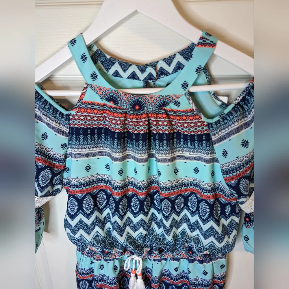 My Michelle girls blue multicolor romper open shoulders size large NWT